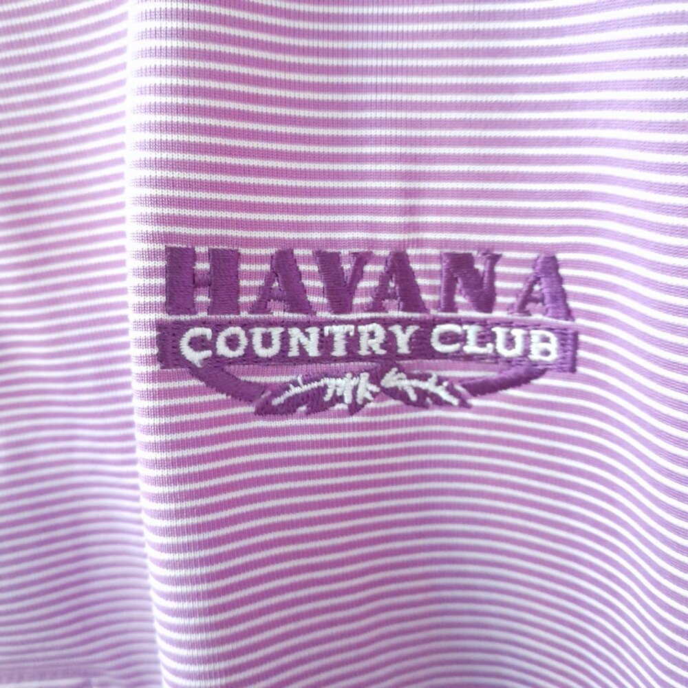 Donald Ross Pin-Stripe Short Sleeve Polo w/ HAVANA Country Club Logo UPF50 - M